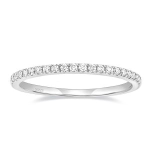 EAMTI 2mm 925 Sterling Silver Wedding Band Cubic Zirconia Half Eternity Stackable Engagement Ring
